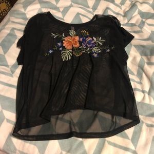 Black Mesh top with floral embroidery